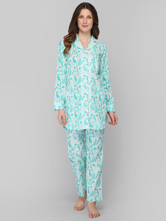 DRAPE IN VOGUE Women Sea Green &amp; White Printed Night suit