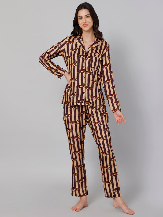 Women Brown &amp; Beige Striped Night suit