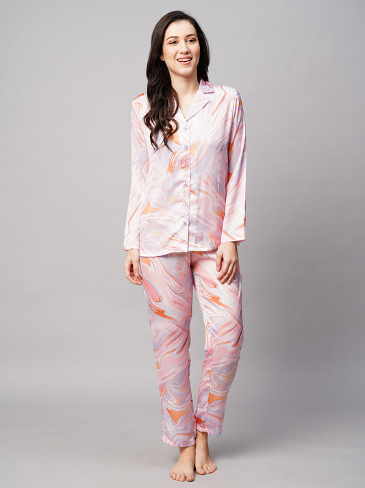 Women 2 Pieces Abstract Printed Satin Night Suit