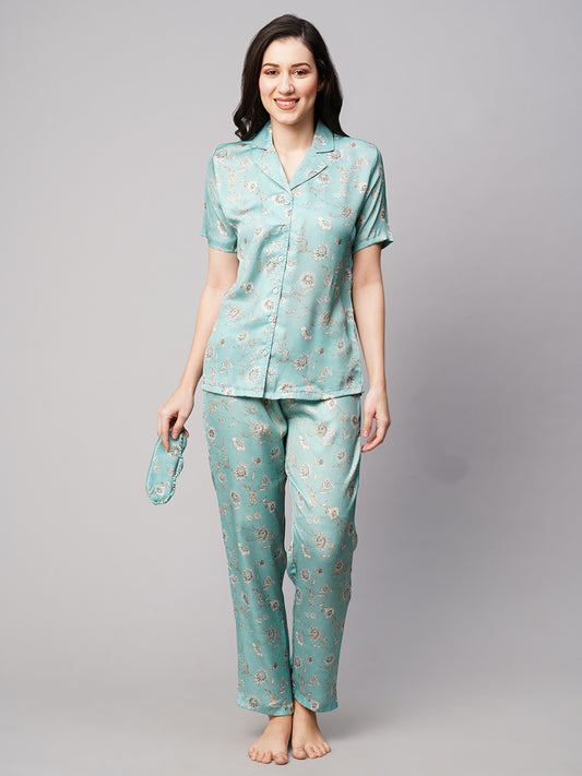 Women 2 Pieces Floral Printed Satin Night suit