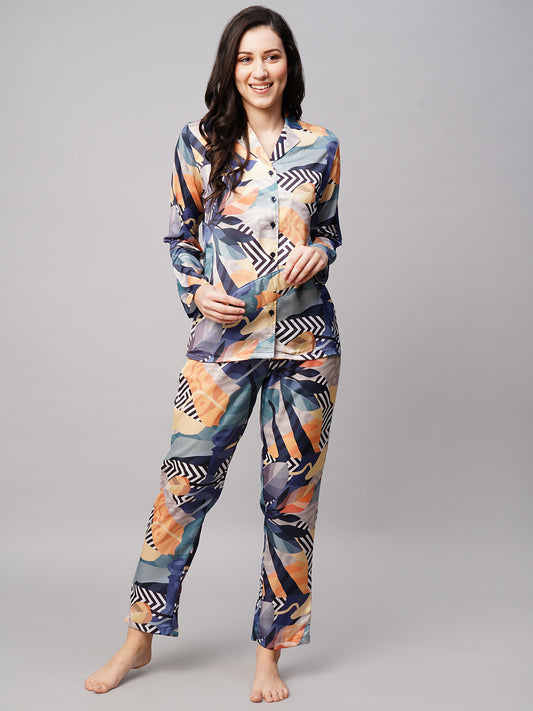 Women 2 Pieces Printed Satin Night suit