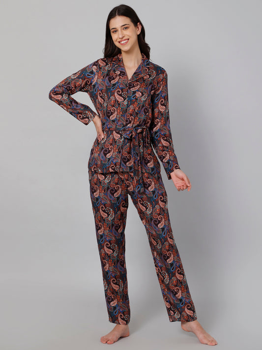 Women Black &amp; Blue Printed Night suit