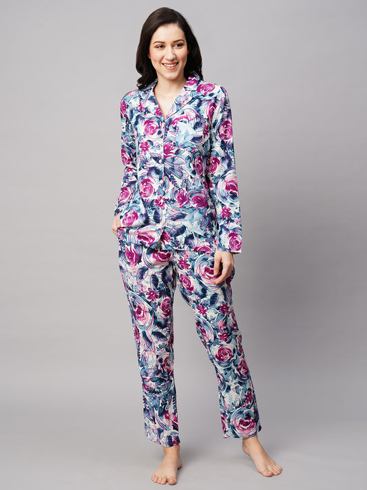 Women Floral Printed Lapel Collar 2 Piece Night suit