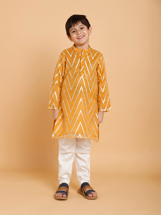 Golden Zig Zag Printed Kurta with Pyjama (Set of 2)