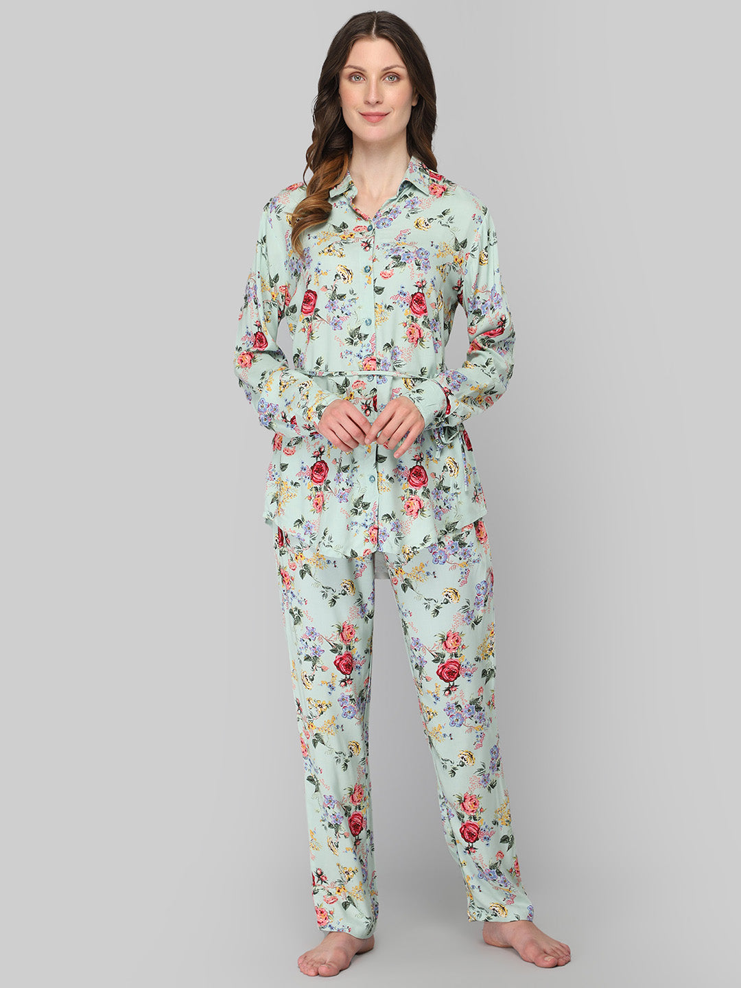 Women's Sea Green Floral Print Night Suit