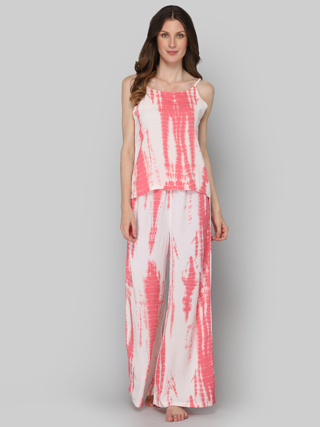 Women's White And Pink Tie Dye Print Night Suit