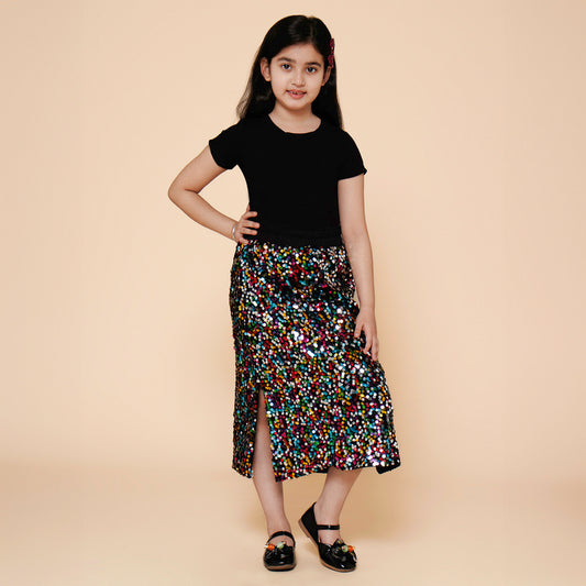 Piccolo-Sequinned Long Skirt With Side Slit &amp; Tee-Black