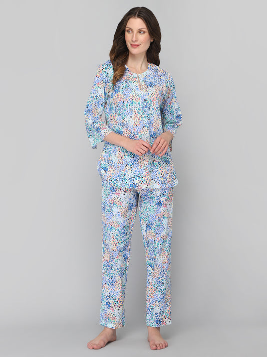 DRAPE IN VOGUE Women Blue &amp; White Printed Night Suit