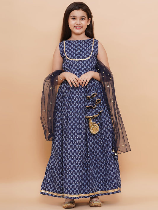 Printed Cotton Long Kurta with and Dupatta Blue