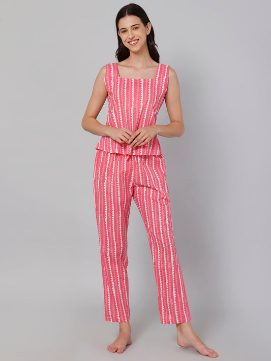 Women Pink &amp; Off White Pure Cotton Printed Night suit