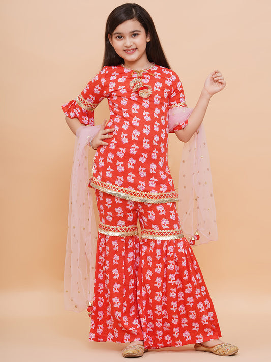 Printed Kurti and Sharara with Dupatta Lace Details Red