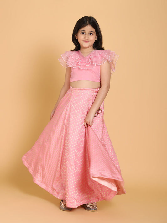 Girls Pink &amp; Gold-Toned Ready to Wear Lehenga &amp; Blouse Set