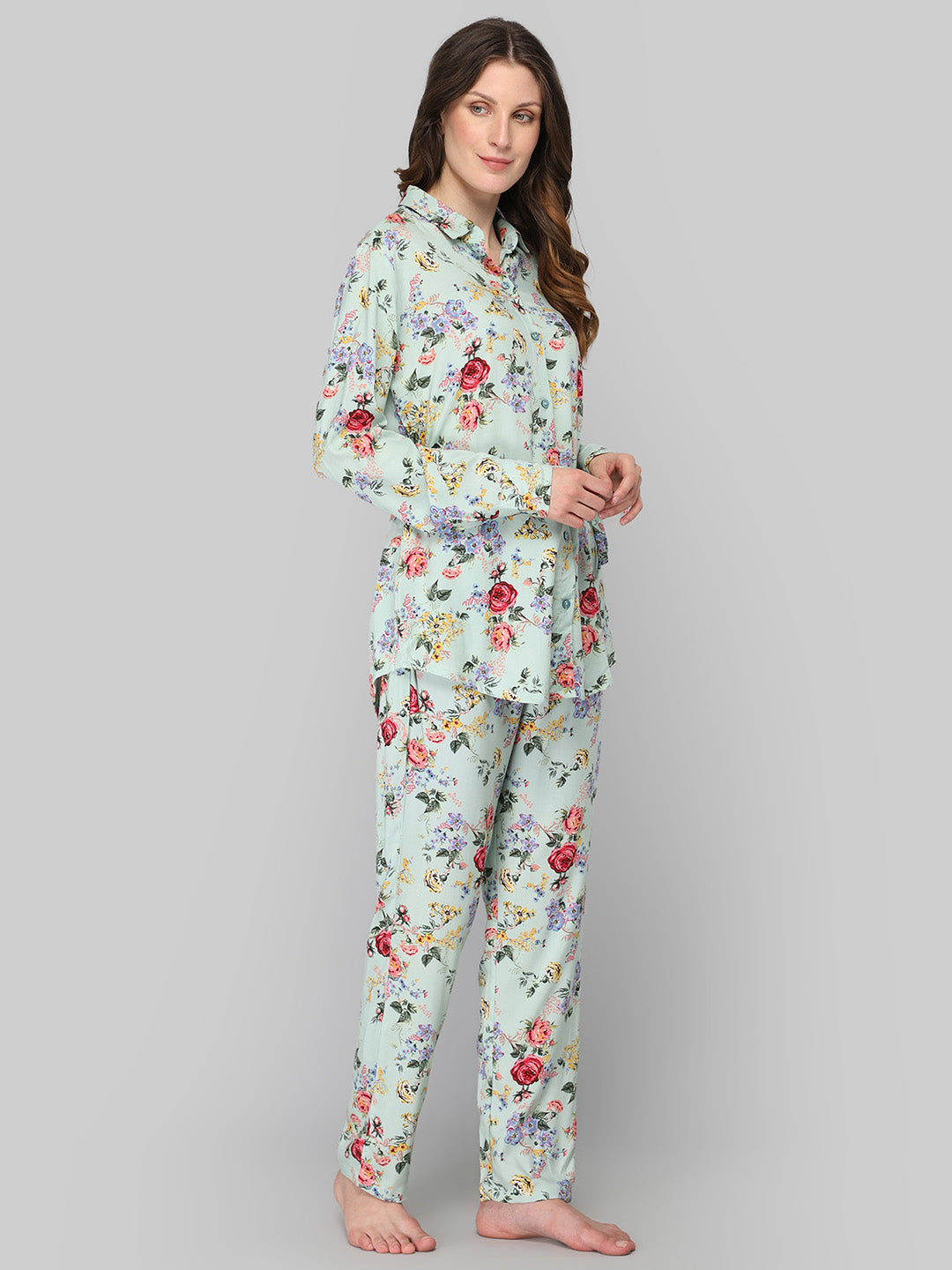 Women's Sea Green Floral Print Night Suit