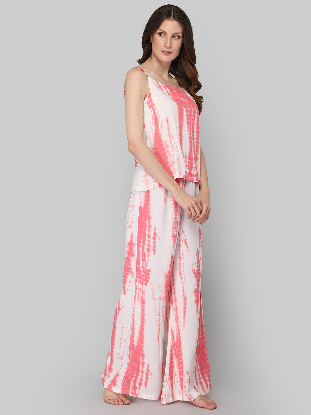 Women's White And Pink Tie Dye Print Night Suit