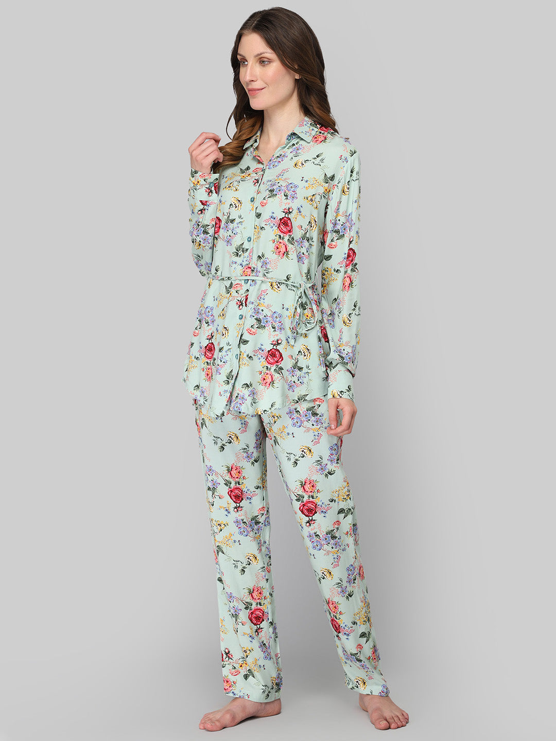 Women's Sea Green Floral Print Night Suit