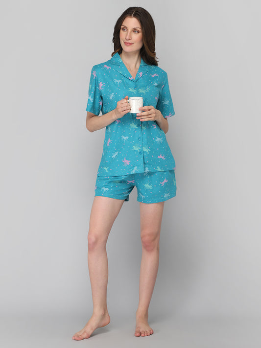 Women's Blue Unicorn Print Night Suit