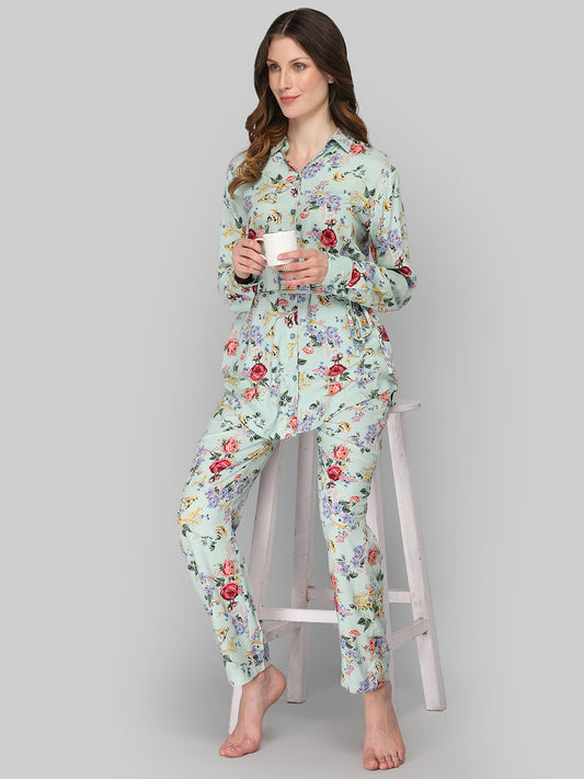 Women's Sea Green Floral Print Night Suit