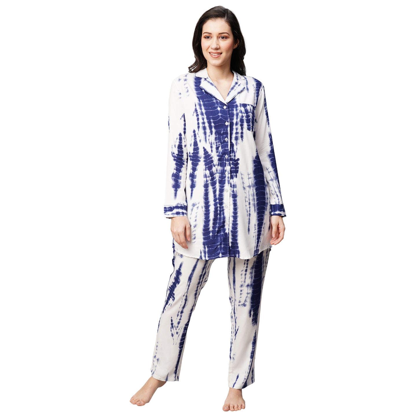 Womens Navy Blue Tie And Dye Print Night Suit