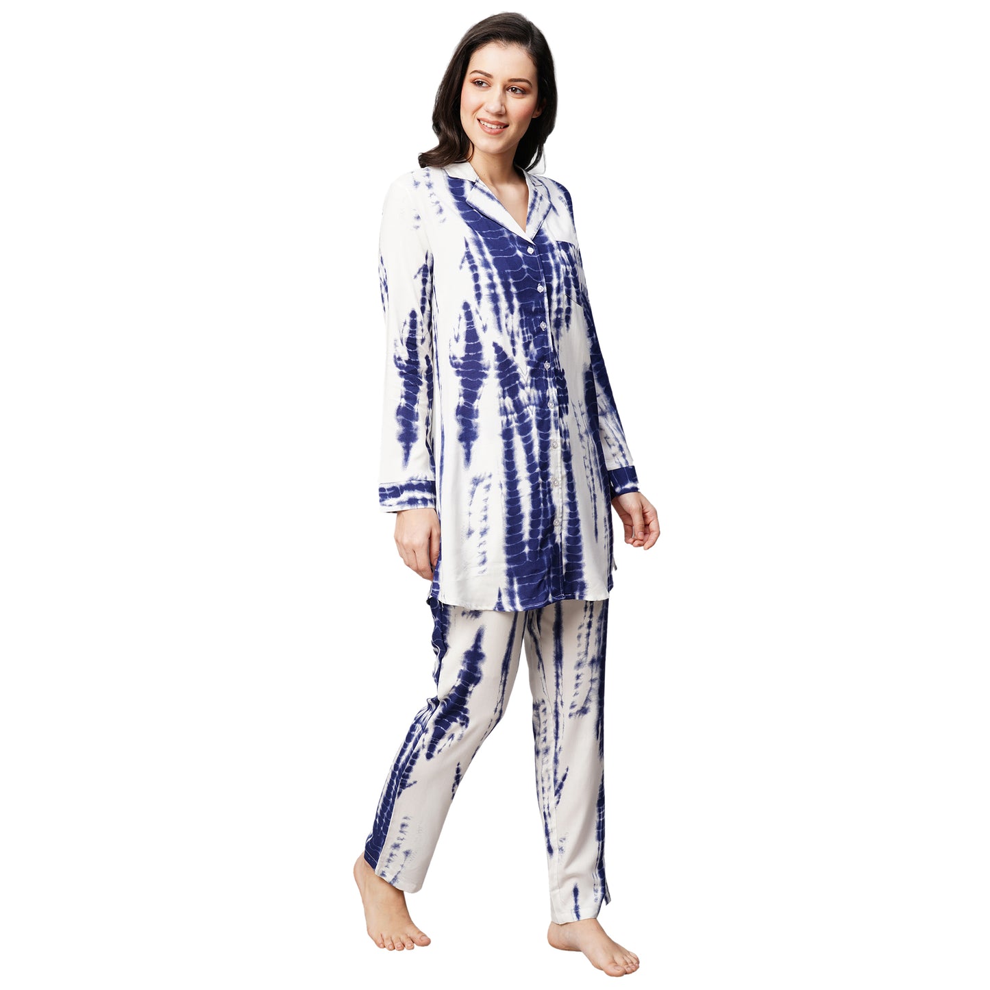 Womens Navy Blue Tie And Dye Print Night Suit