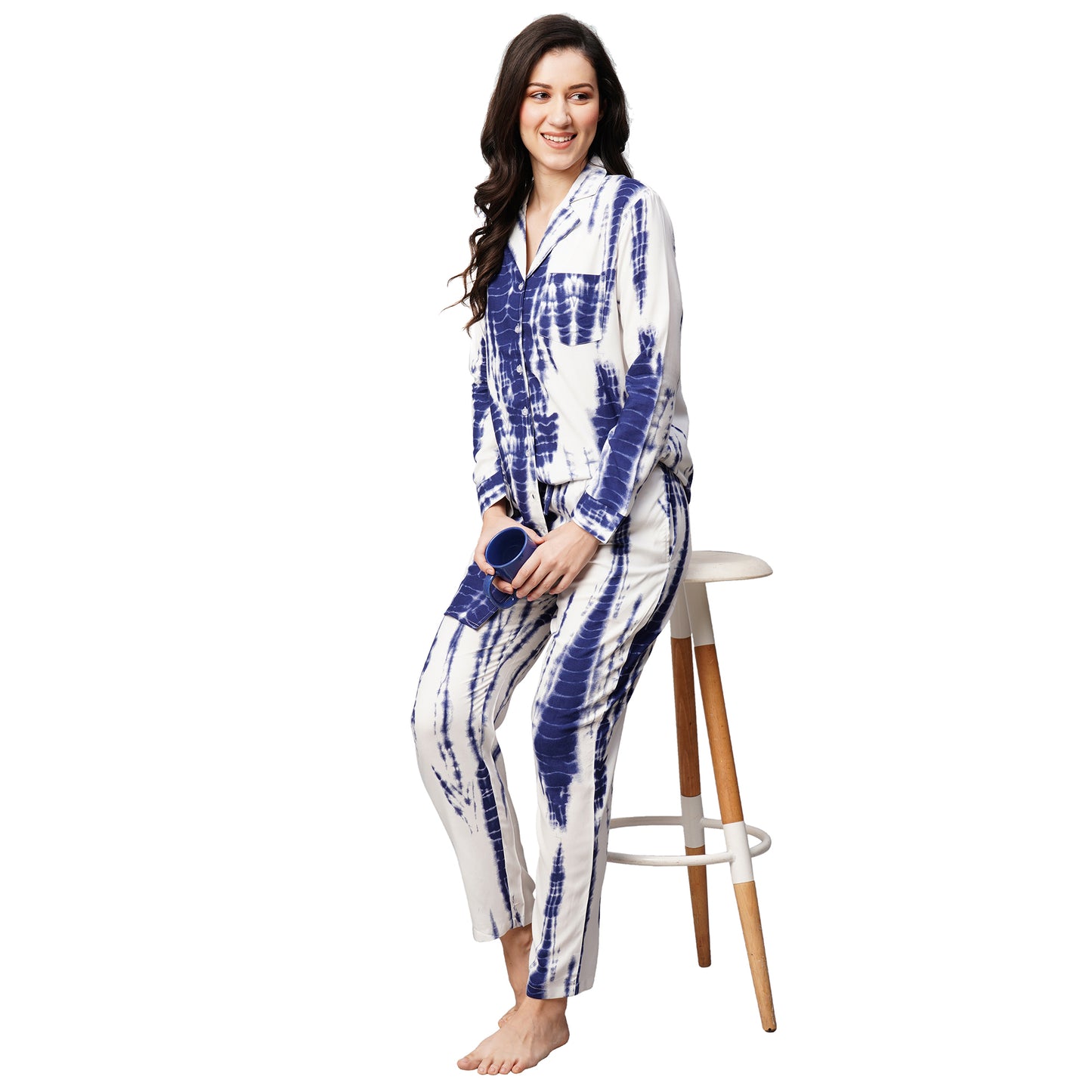 Womens Navy Blue Tie And Dye Print Night Suit