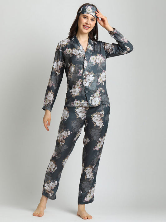 Drape In Vogue Grey Floral Night Suit