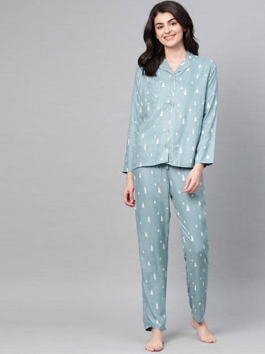 Women Blue &amp; White Printed Nightsuit