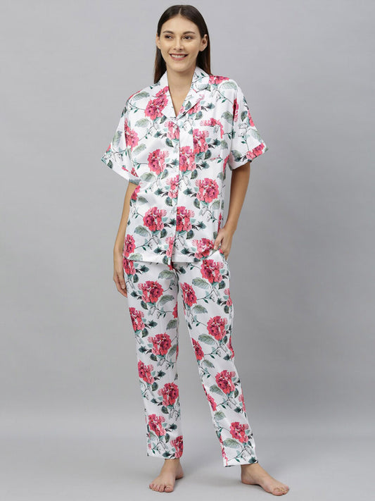 Women 2 Pc White &amp; Red Floral Print Night Suit Set