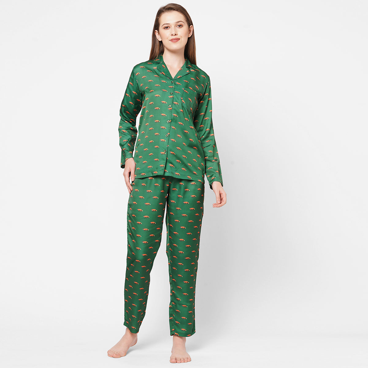 Women Fox Print Satin Night Suit - Green