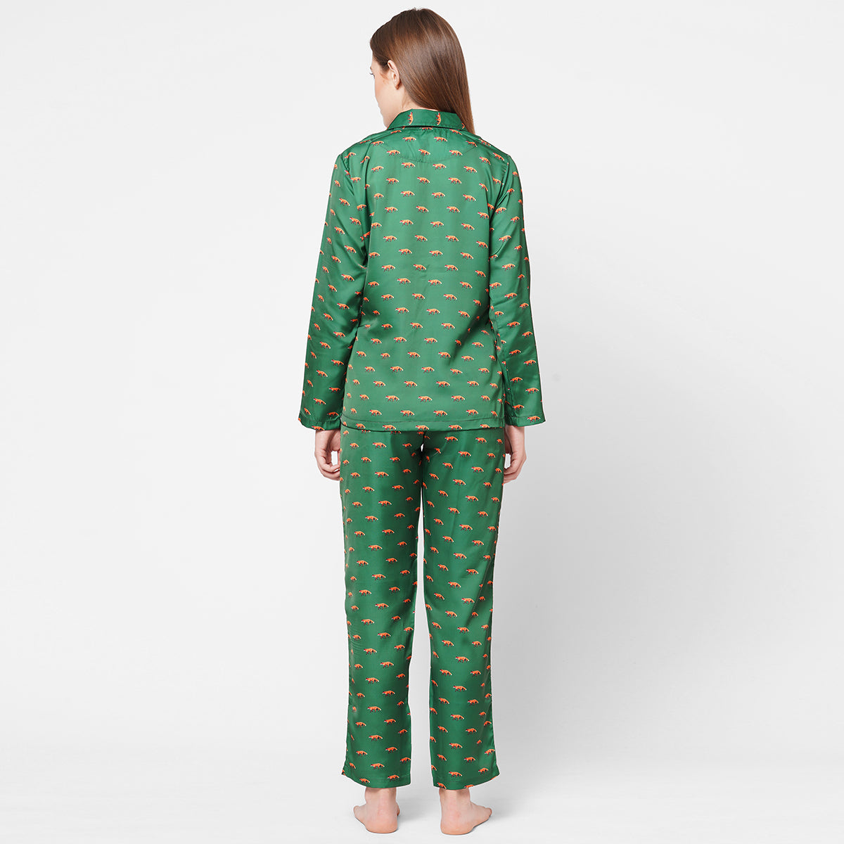 Women Fox Print Satin Night Suit - Green