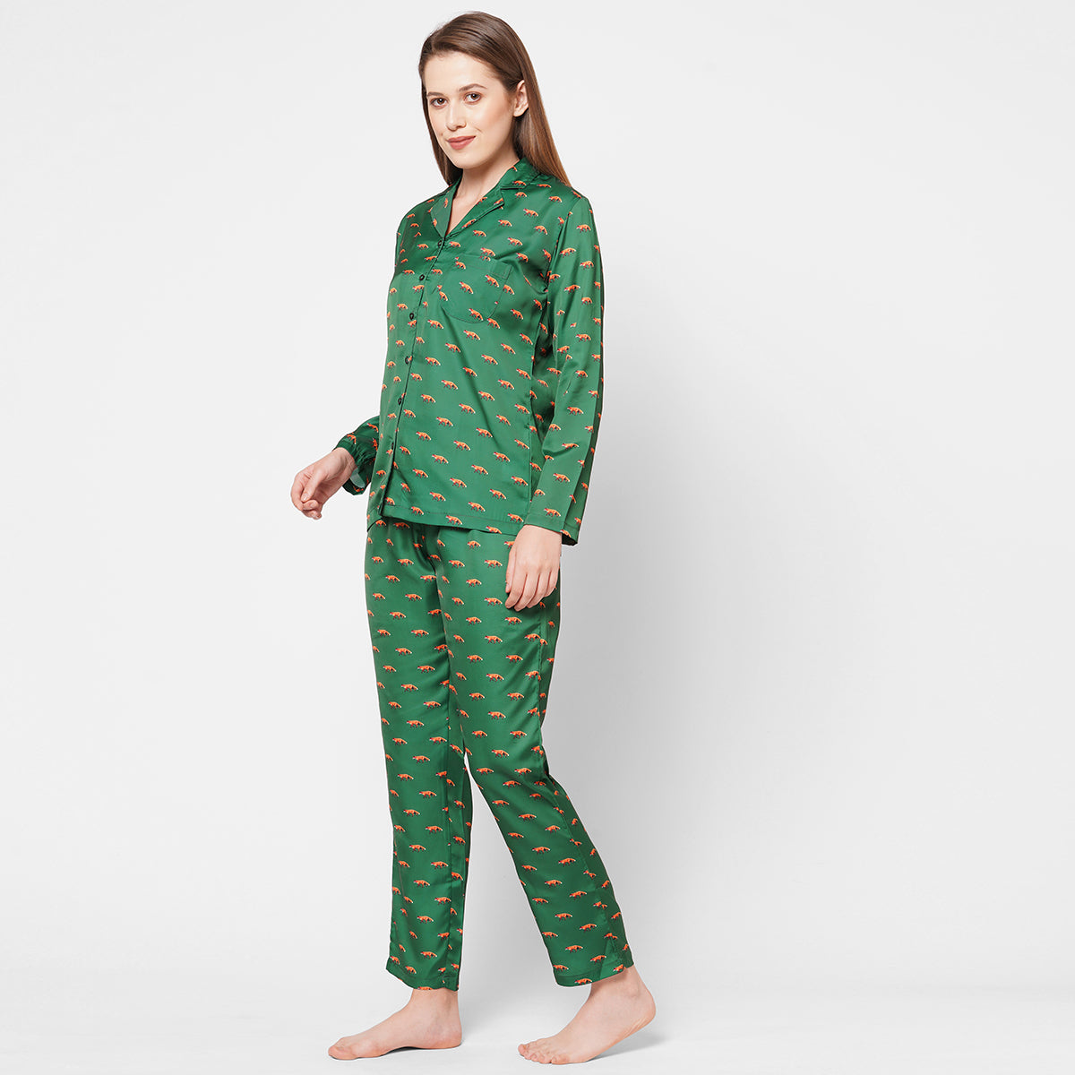 Women Fox Print Satin Night Suit - Green