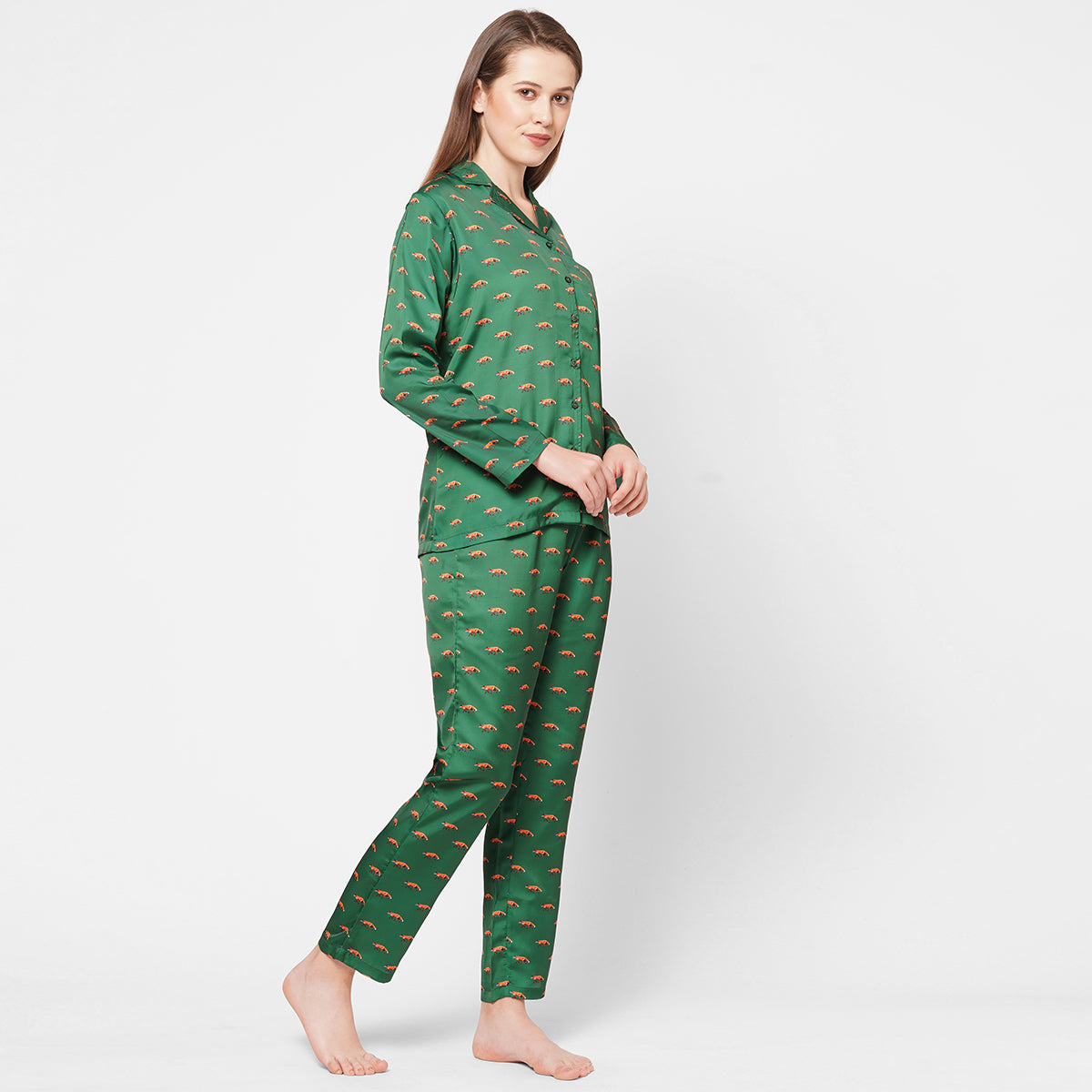 Women Fox Print Satin Night Suit - Green