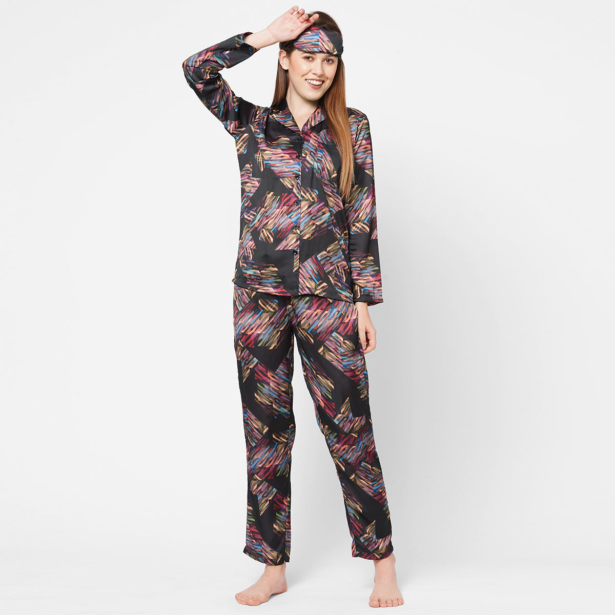 Women Multicolour Print Satin Night Suit - Black