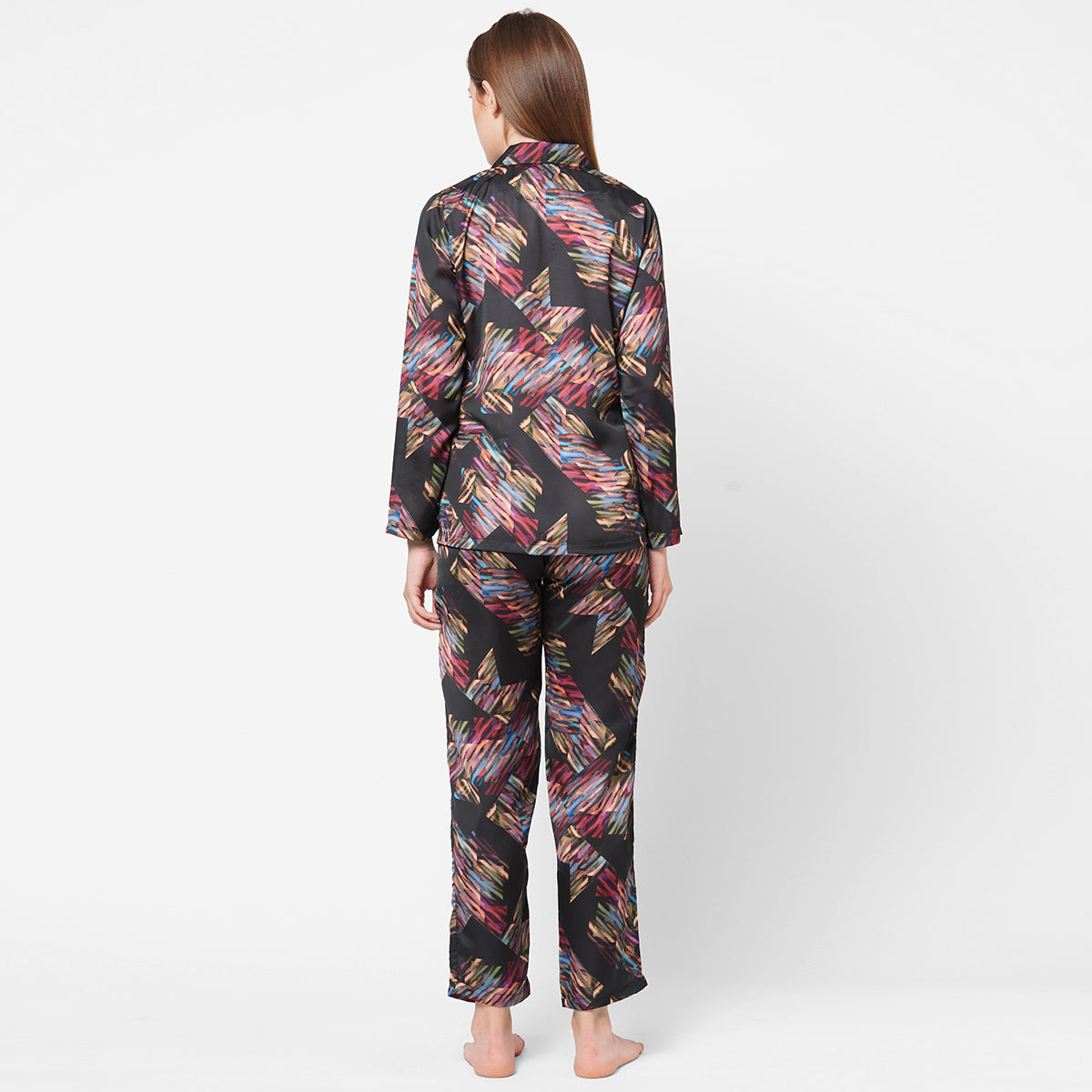 Women Multicolour Print Satin Night Suit - Black