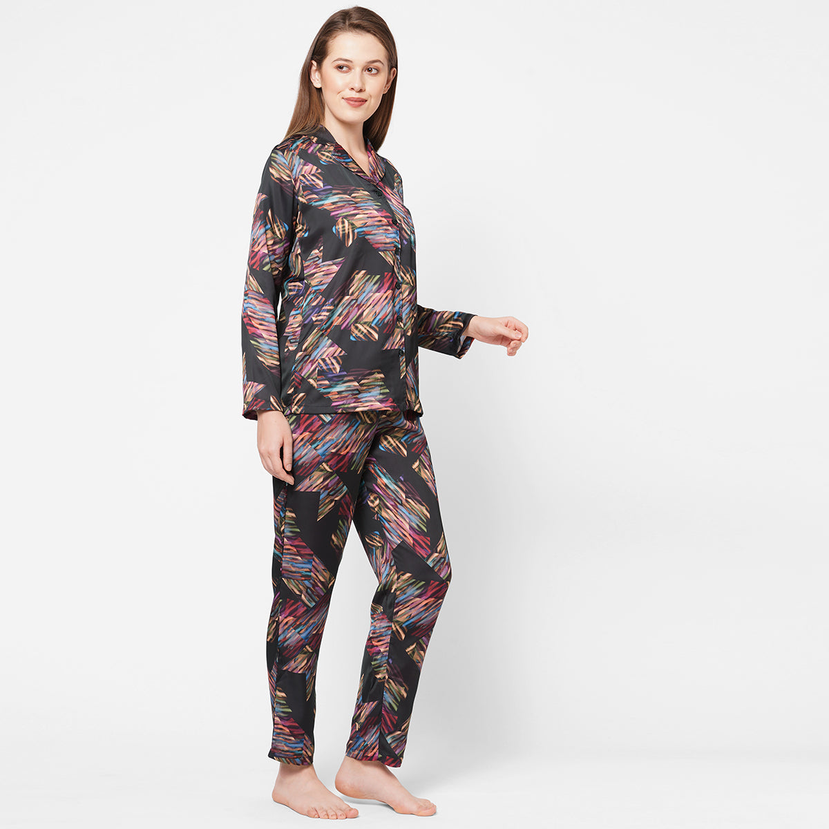 Women Multicolour Print Satin Night Suit - Black