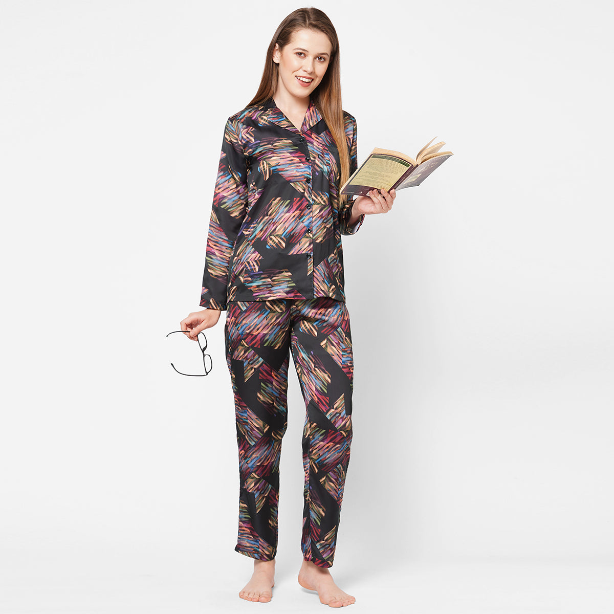 Women Multicolour Print Satin Night Suit - Black