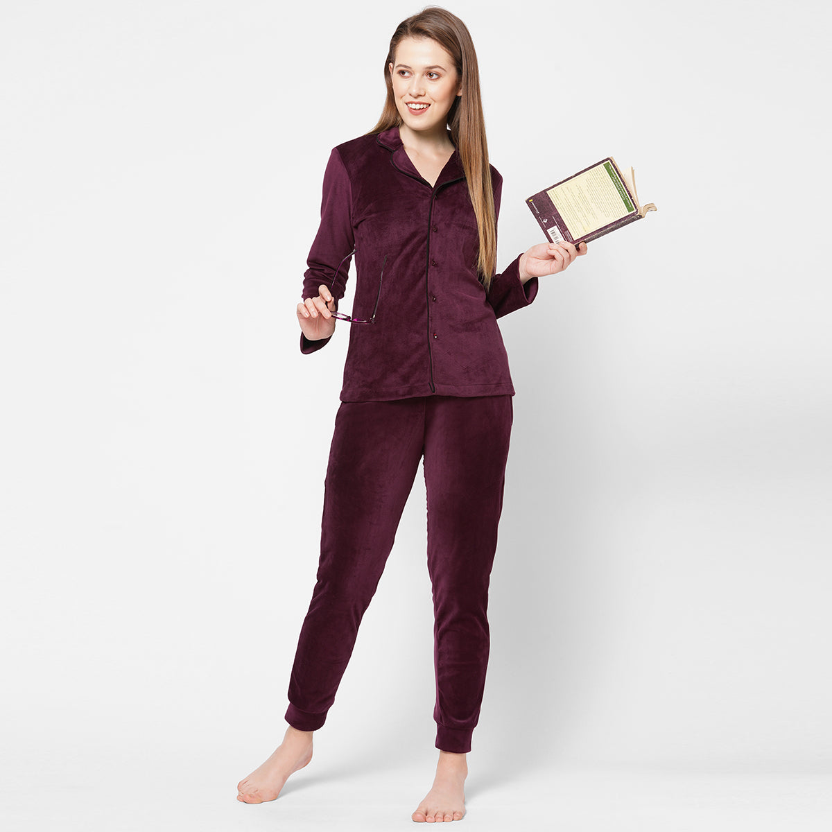 Women Wine Velvet Solid Night Suit - Maroon