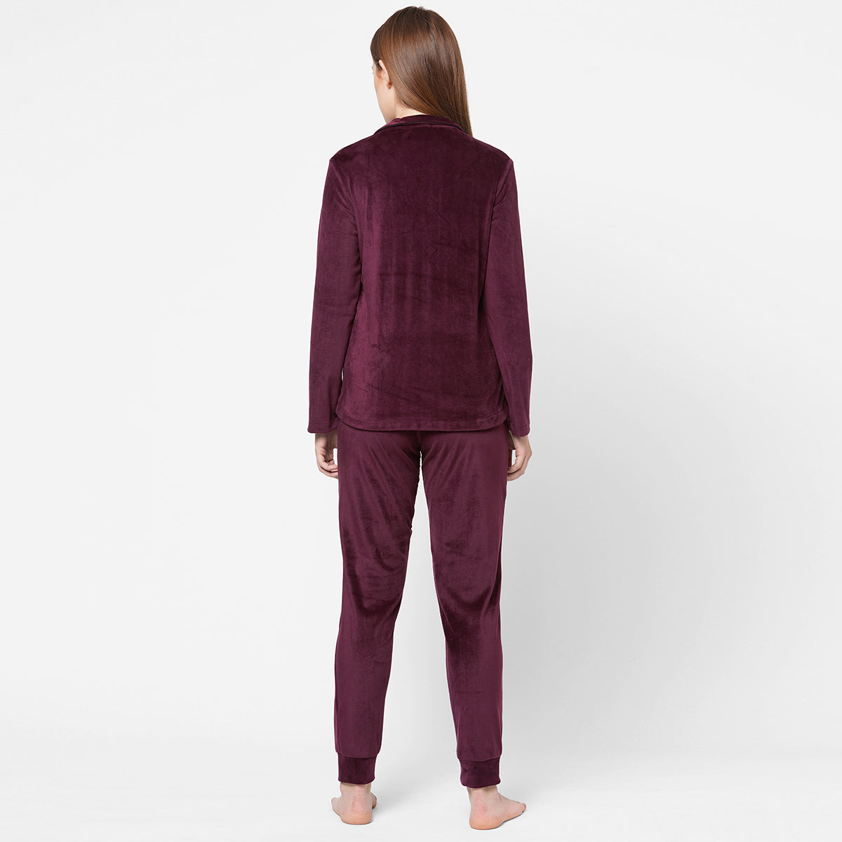 Women Wine Velvet Solid Night Suit - Maroon