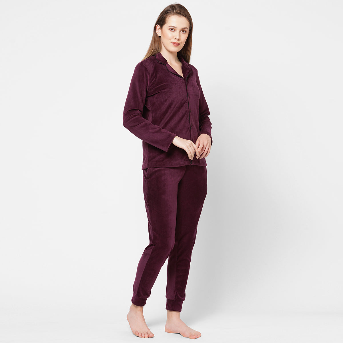 Women Wine Velvet Solid Night Suit - Maroon