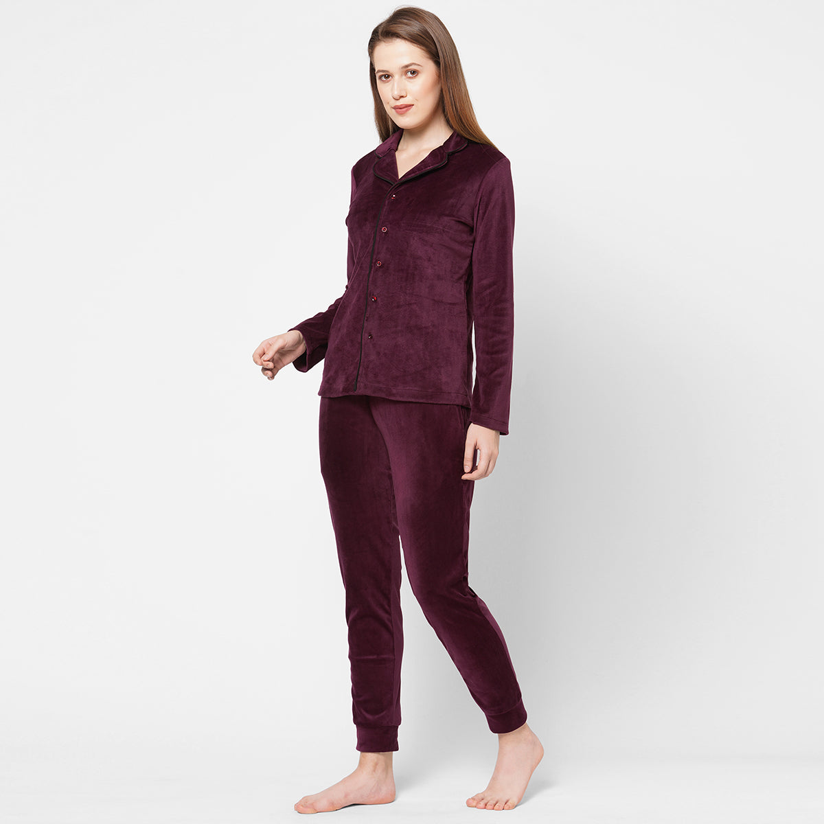 Women Wine Velvet Solid Night Suit - Maroon