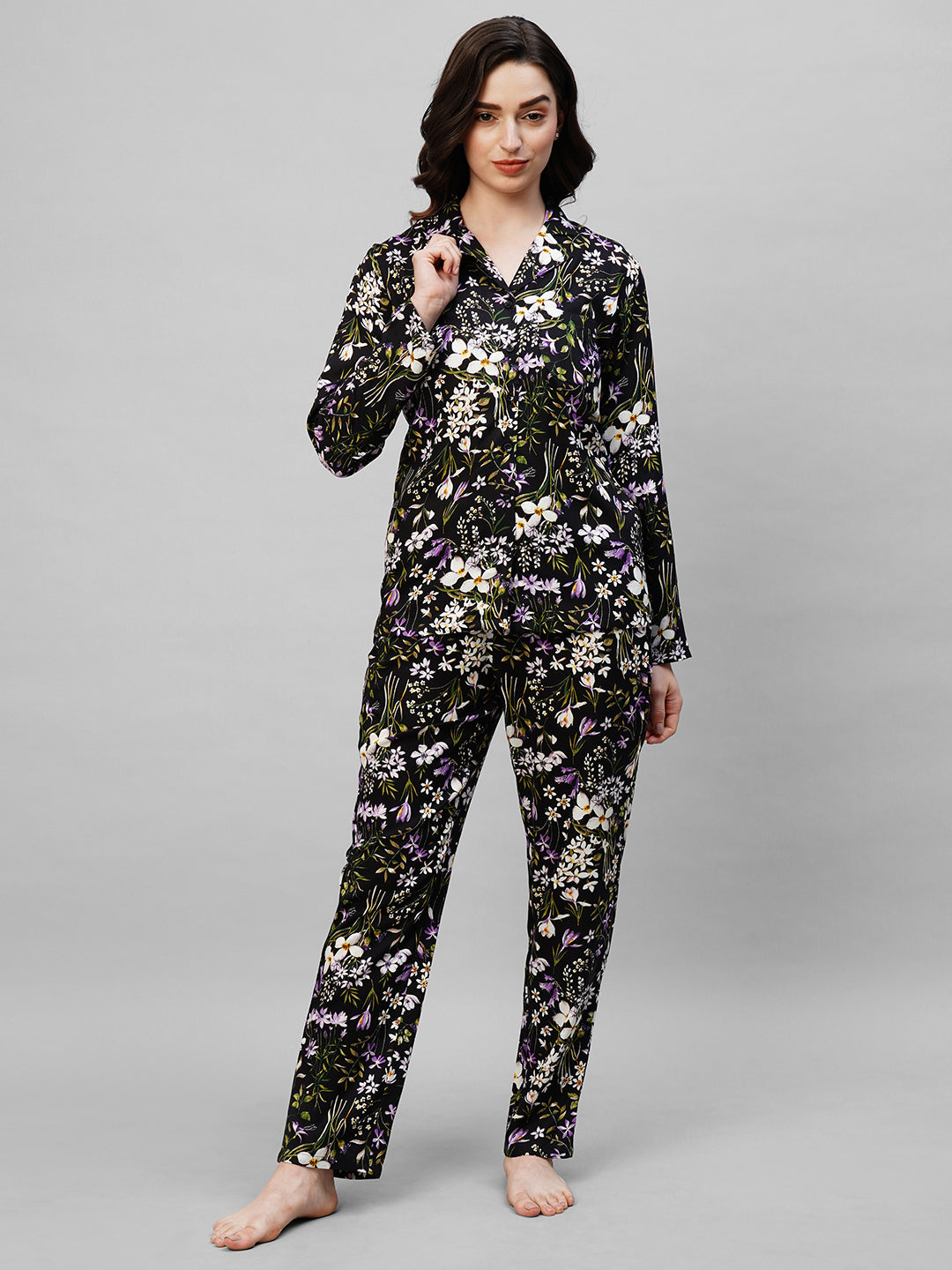 Women's Black Purple Floral Print Night Suit