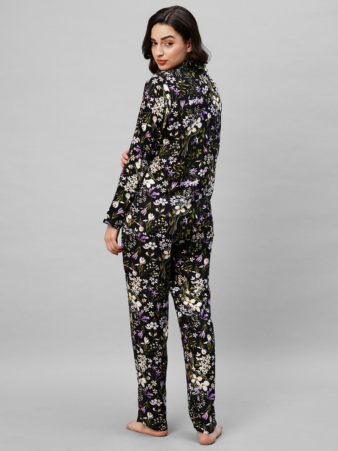 Women's Black Purple Floral Print Night Suit