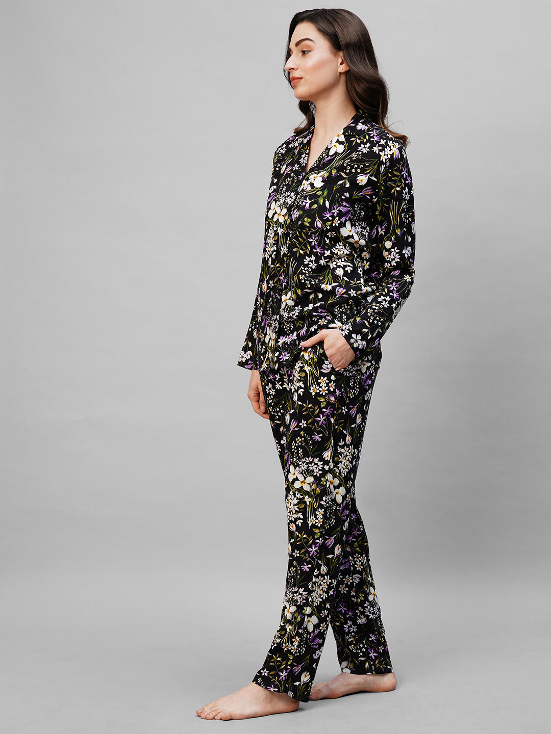 Women's Black Purple Floral Print Night Suit