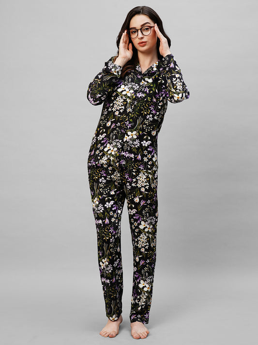 Women's Black Purple Floral Print Night Suit