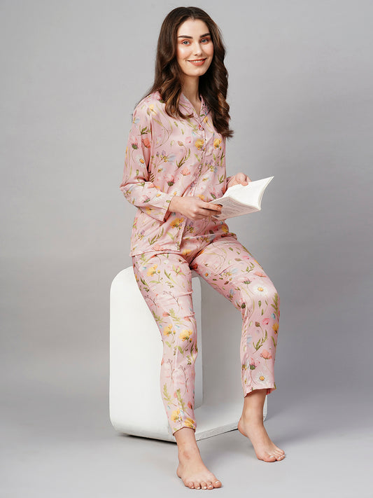 Women's Pink Floral Print Night Suit