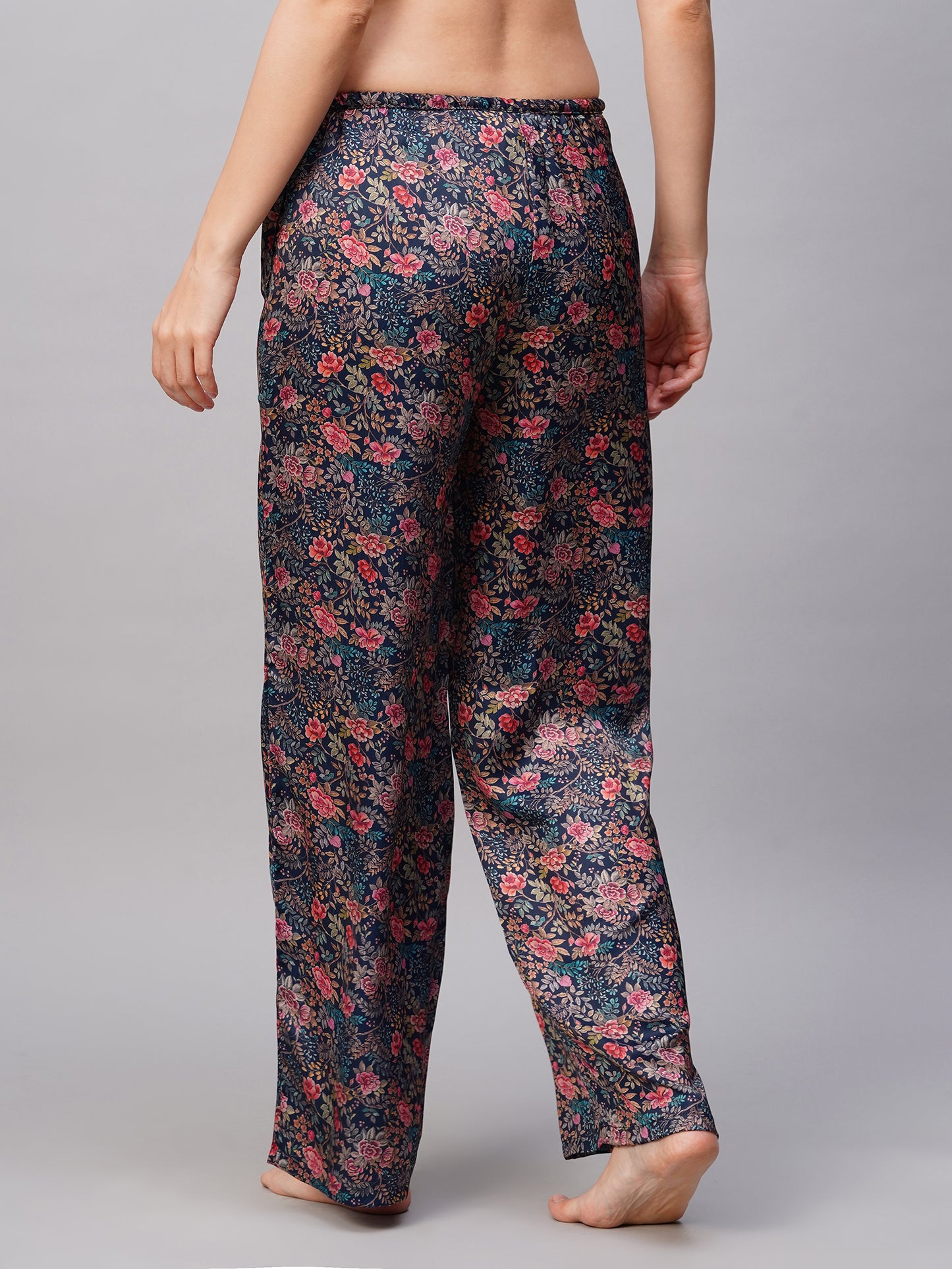 Women Navy Blue Floral Print Satin Pyjama