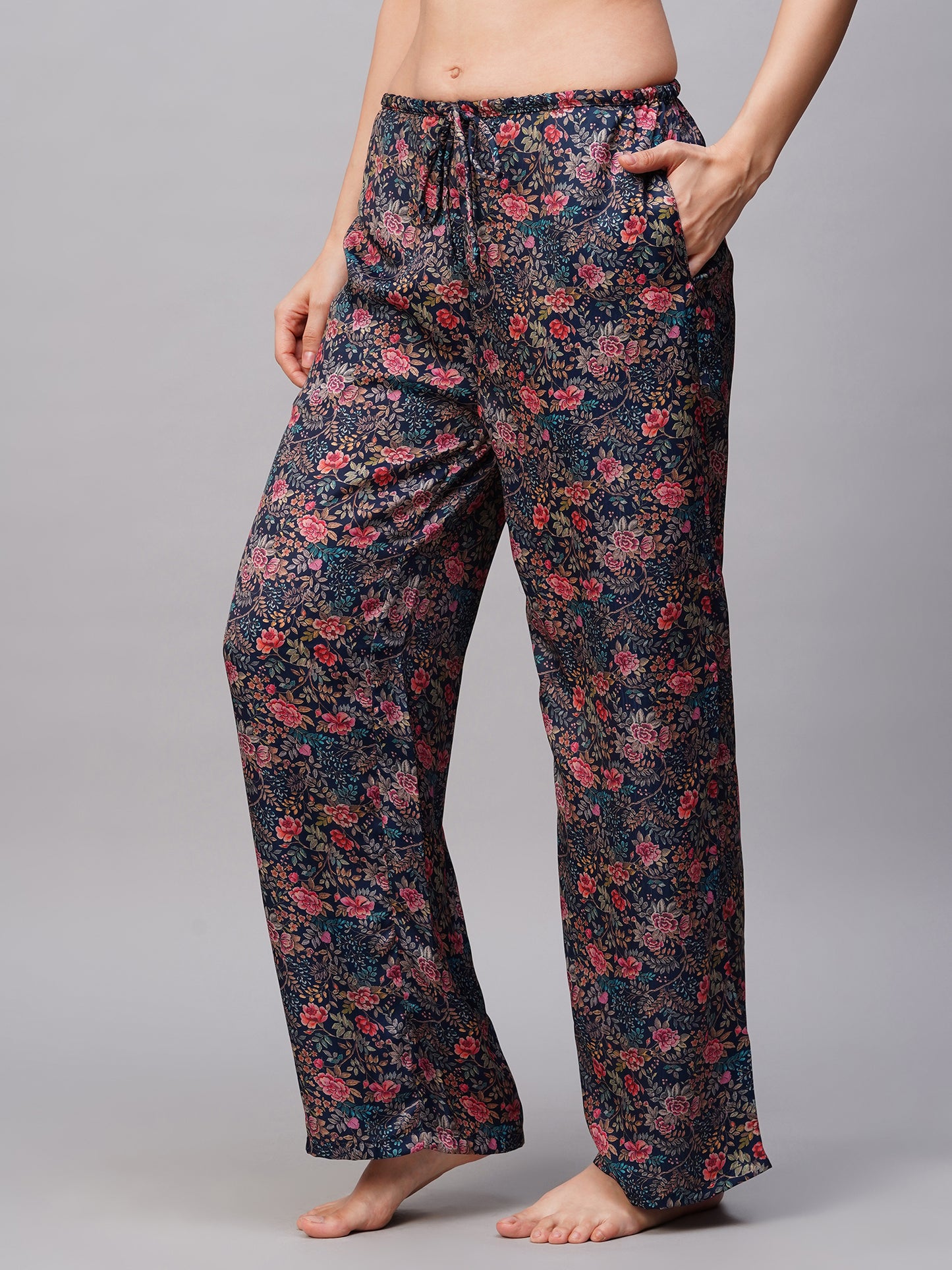 Women Navy Blue Floral Print Satin Pyjama