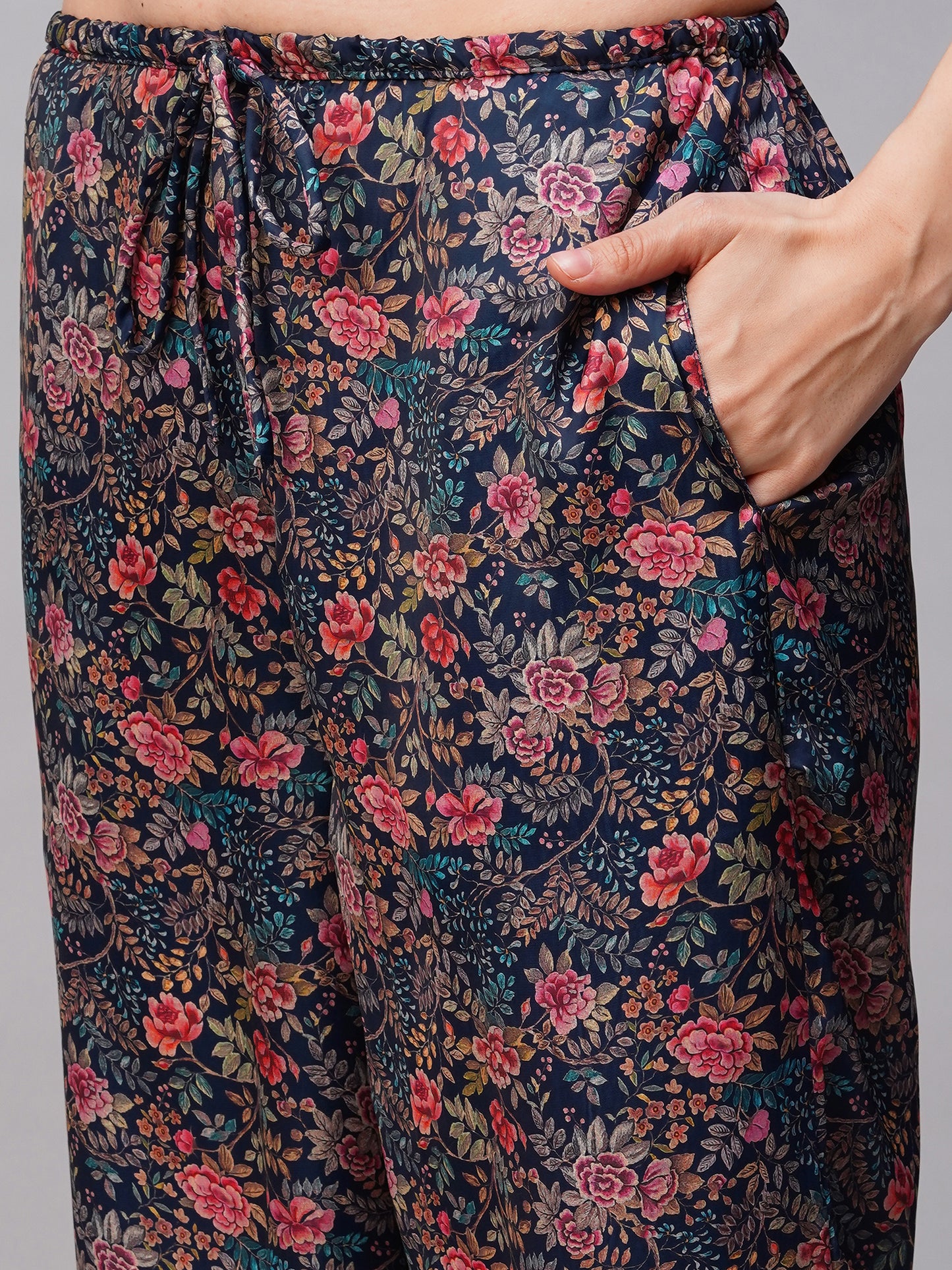 Women Navy Blue Floral Print Satin Pyjama