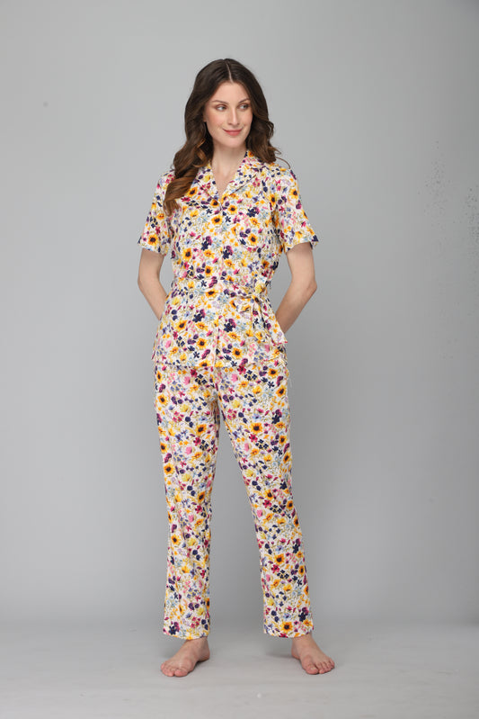 DRAPE IN VOGUE Women Off White &amp; Yellow Floral Printed Night suit