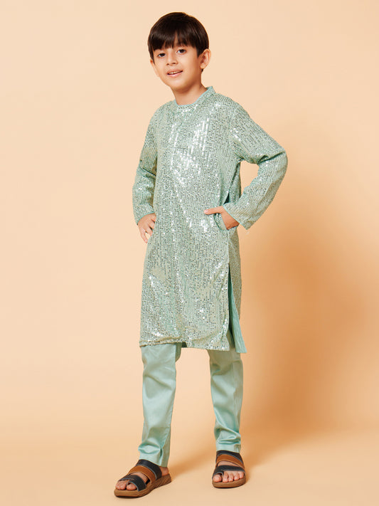 Piccolo Boys Light Green sequence Kurta Pyjama set