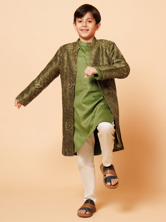 Piccolo Boys Green Kurta Pyjama with Long Printed Jacket set